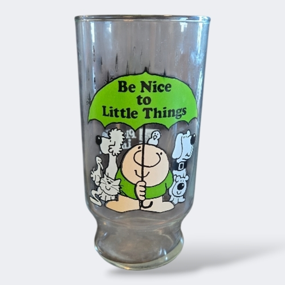 Vintage Cartoon Glass Tumbler with Green Umbrella Graphic